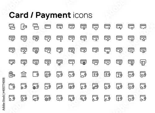 Cards and payment. High quality concepts of linear minimalistic vector icons set for web sites, interface of mobile applications and design of printed products.