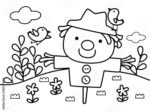 Lovely scarecrow with birds protect the filed without color for color book
