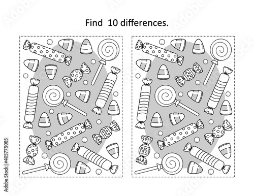 Halloween candy find the differences picture puzzle and coloring page
