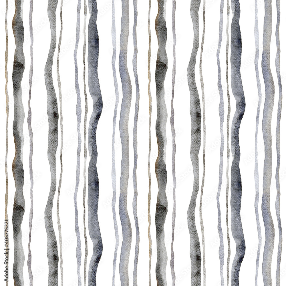 Gray brown watercolor brush strokes  on a white background. Seamless stripped pattern. Hand drawn wallpaper texture. Modern fabric design
