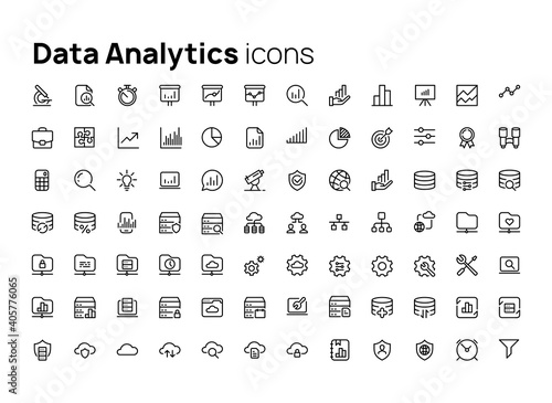 Data Analytics. High quality concepts of linear minimalistic flat vector icons set for web sites, interface of mobile applications and design of printed products.