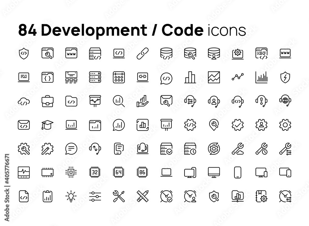 Development, code. High quality concepts of linear minimalistic flat vector icons set for web sites, interface of mobile applications and design of printed products.