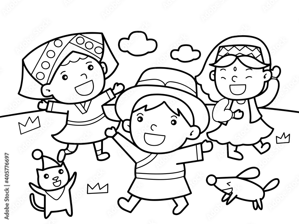 Girls from different tribes play together without color for color book Girls from different tribes play together without color for color book