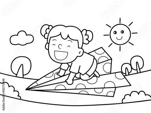 Little girl fly with paper plane without color for color book