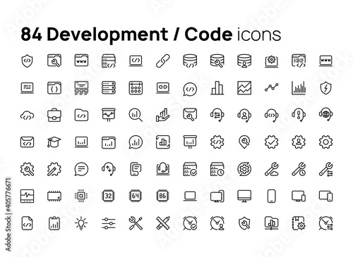 Development  code. High quality concepts of linear minimalistic flat vector icons set for web sites  interface of mobile applications and design of printed products.