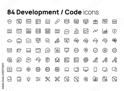 Development, code. High quality concepts of linear minimalistic flat vector icons set for web sites, interface of mobile applications and design of printed products.