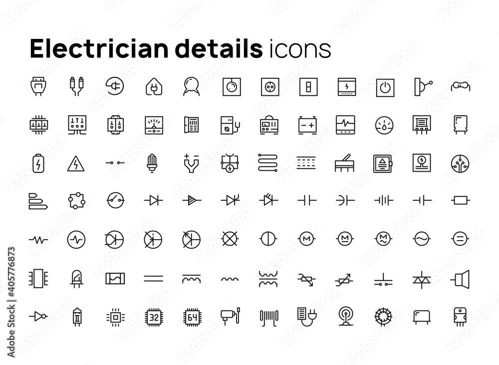Electricians details. High quality concepts of linear minimalistic vector flat icons set for web sites, interface of mobile applications and design of printed products.