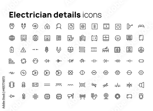 Electricians details. High quality concepts of linear minimalistic vector flat icons set for web sites, interface of mobile applications and design of printed products.