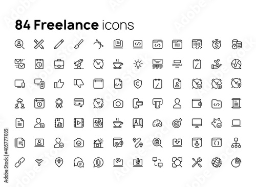 Freelance and remote work. High quality concepts of linear minimalistic flat vector icons set for web sites, interface of mobile applications and design of printed products.