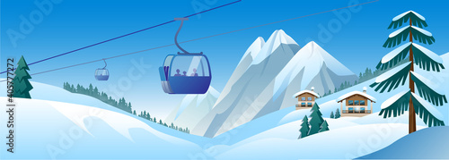 Beautiful mountain landscape in delicate shades. Image of a funicular on the background of a mountain winter landscape. A template of horizontal banner. Vector illustration.