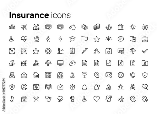 Insurance. High quality concepts of linear minimalistic flat vector icons set for web sites, interface of mobile applications and design of printed products.
