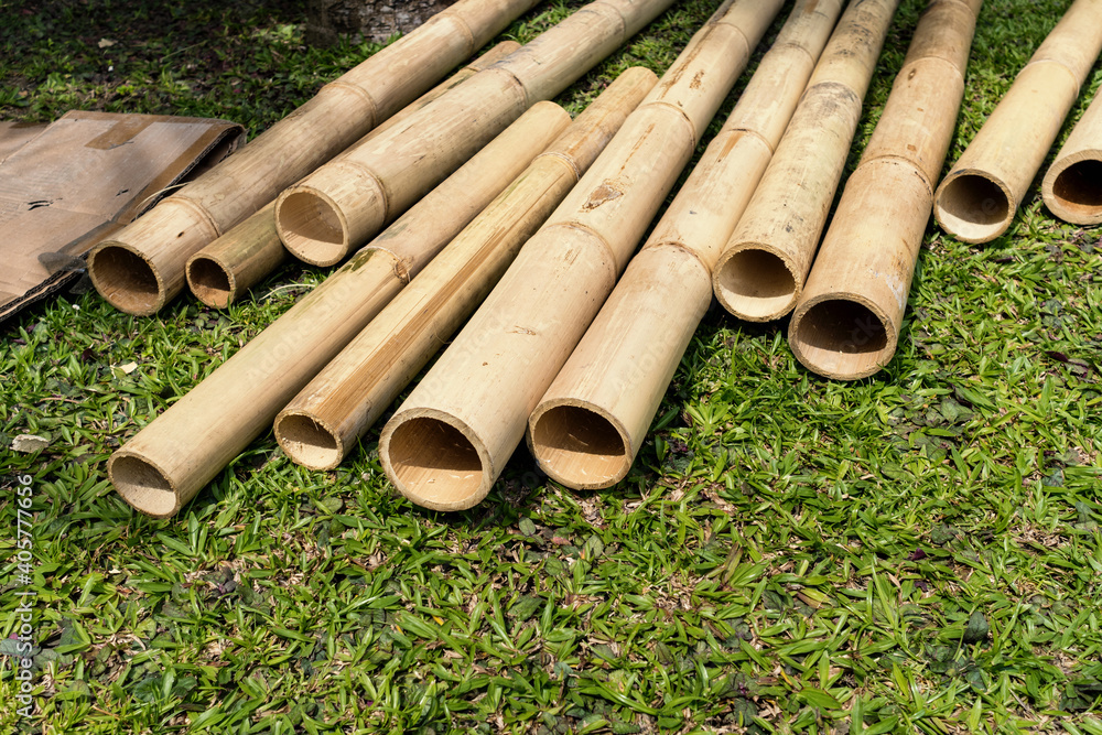Stack of bamboo poles drying on the grass under the sun for building outdoor bamboo hub. Stack of bamboo poles drying on the grass under the sun for building outdoor bamboo hub.