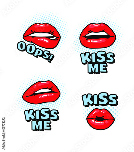 Sexy Female Lips with Gloss Red Lipstick and Text. Pop Art Style Vector Fashion Illustration Woman Mouth and Quote. Gestures Collection Expressing Different Emotions