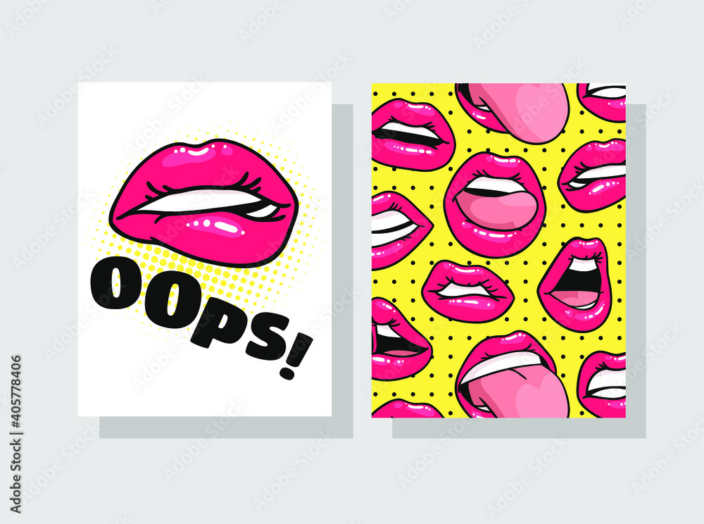 Set of Cards with Sexy Female Lips with Gloss Pink Lipstick. Pop Art Style Vector Fashion Illustration Woman Mouth. Gestures Collection Expressing Different Emotions