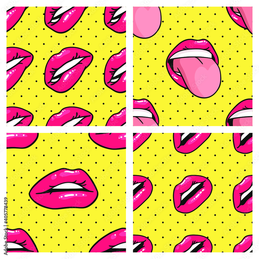 Seamless Pattern with Sexy Female Lips with Gloss Pink Lipstick. Pop Art Style Vector Fashion Illustration Woman Mouth. Gestures Collection Expressing Different Emotions Seamless Pattern with Sexy Female Lips with Gloss Pink Lipstick. Pop Art Style Vector Fashion Illustration Woman Mouth. Gestures Collection Expressing Different Emotions