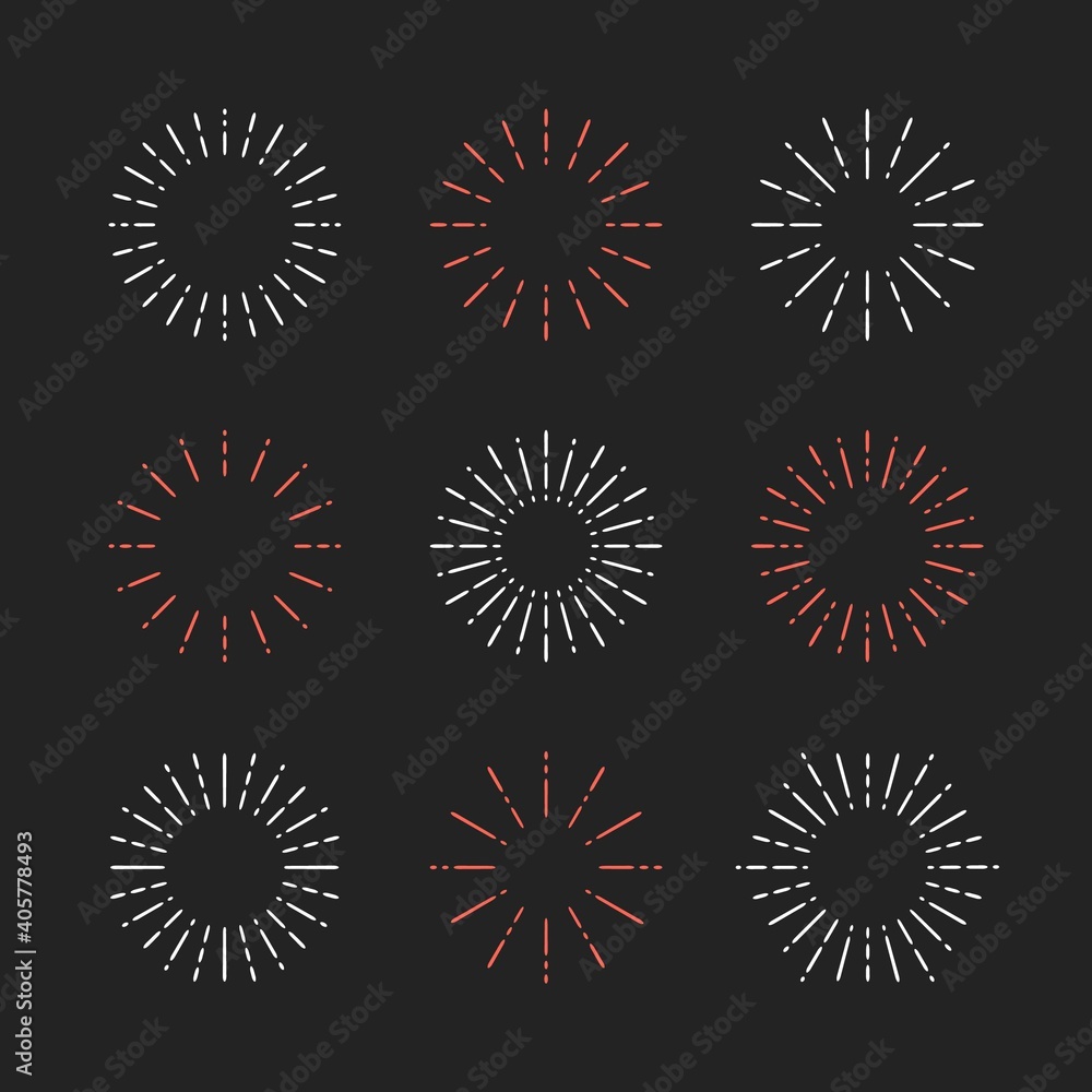 Fototapeta premium Set of Vintage Sunbursts in Different Shapes. Trendy Hand Drawn Retro Bursting Rays Design Elements. Hipster Vector illustration