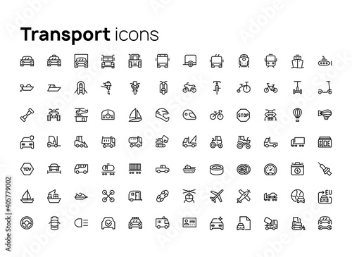 Transport and auto parts. High quality concepts of linear minimalistic flat vector icons set for web sites, interface of mobile applications and design of printed products.