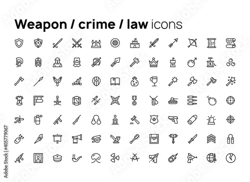 Weapon  crime  law. High quality concepts of linear minimalistic flat vector icons set for web sites  interface of mobile applications and design of printed products.