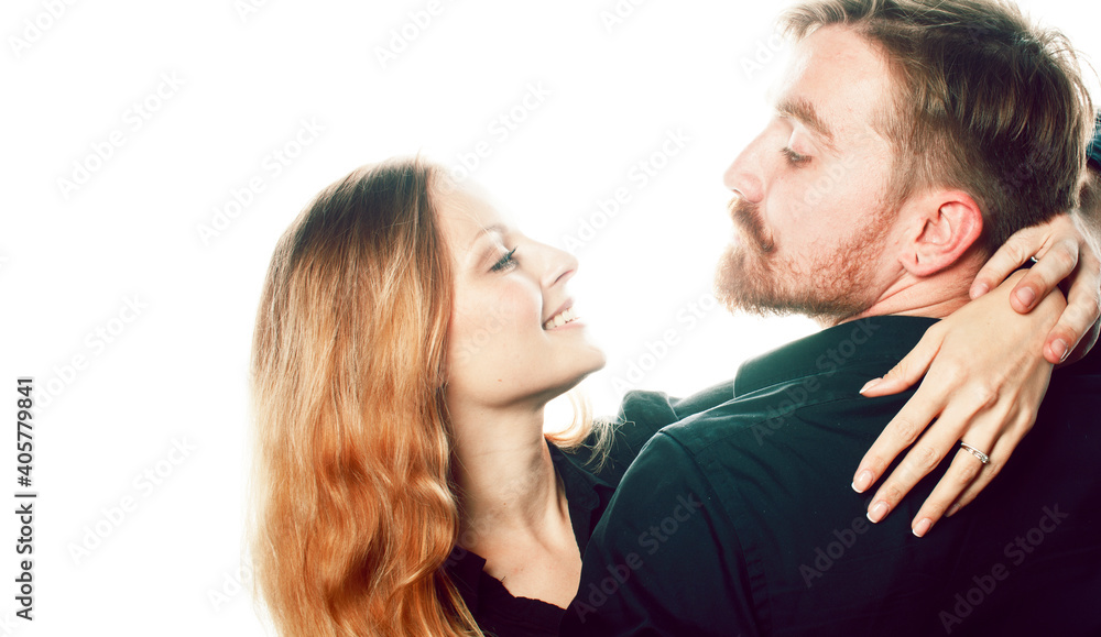 young tender couple, man and woman in love isolated on white, fooling around real modern hipster marriage, lifestyle people concept young tender couple, man and woman in love isolated on white, fooling around real modern hipster marriage, lifestyle people concept