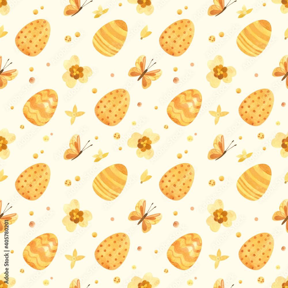 Seamless pattern with Easter eggs, butterflies and spring flowers in a yellow-orange palette. Watercolor clipart for eco farm products. Seamless pattern with Easter eggs, butterflies and spring flowers in a yellow-orange palette. Watercolor clipart for eco farm products.