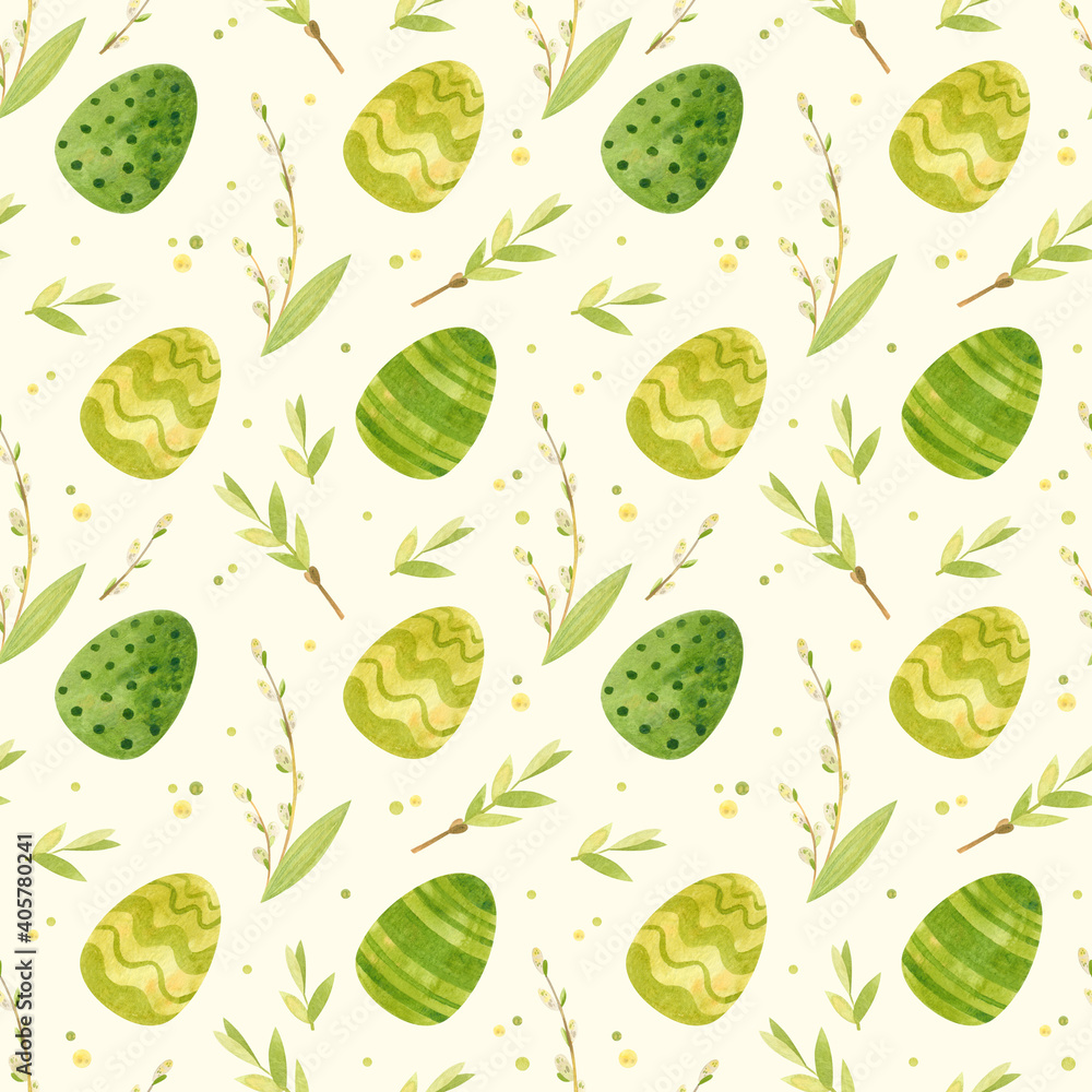 Seamless pattern with Easter eggs and spring flowers in a green palette. Watercolor clipart for eco farm products. Seamless pattern with Easter eggs and spring flowers in a green palette. Watercolor clipart for eco farm products.