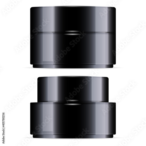 Black cream jar. Cosmetic jars, vector packaging mockup. Beauty product gloss container. Cosmetics package for powder or wax isolated on white background. Body butter can, facial skin serum