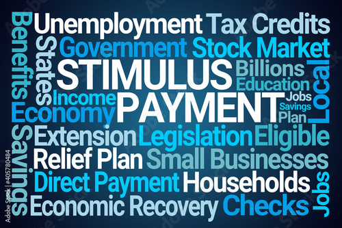 Stimulus Payment Word Cloud on Blue Background