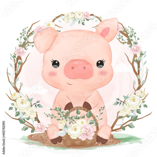 cute little pig illustration in watercolor effect great for baby shower decoration and children prints.	
