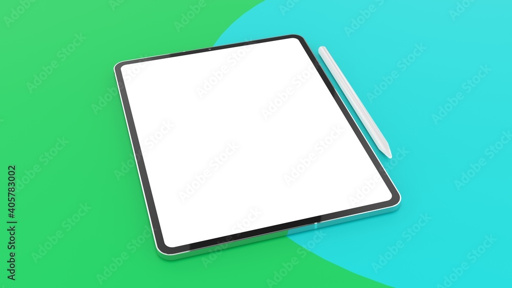 Clay tablet computer and pen similar to Apple iPad Pro 12.9 and pen perspective view mockup on Medium Lime Green and Cyan background Clay tablet computer and pen similar to Apple iPad Pro 12.9 and pen perspective view mockup on Medium Lime Green and Cyan background