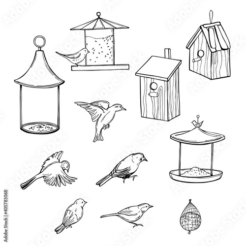 Hand drawn bird feeders, birdhouses and birds.