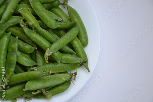 Green pea pods from farmland. Pea freshly picked. Organic spring pea pods. Fresh vegetables. Healthy eating. Country garden harvest.