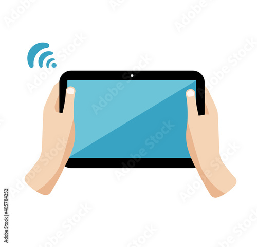 Tablet in hand, gadget. Flat illustration. Can be used in infographics, as icons, or for illustrating any processes, for decorating banners, flyers.