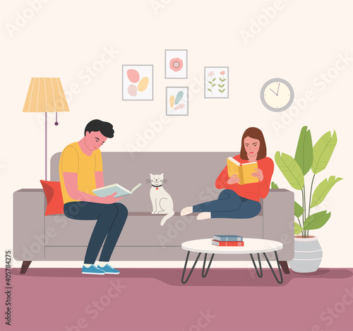 Young man and woman sitting on the couch with books. Vector flat illustration