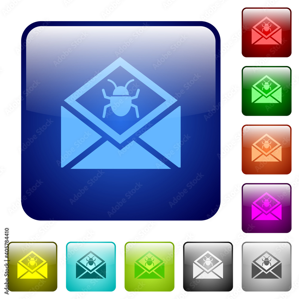 Open mail with malware symbol color square buttons Open mail with malware symbol color square buttons