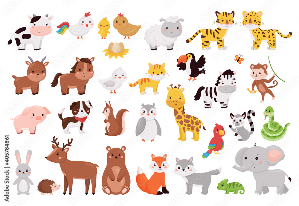 Fototapeta premium Cartoon animals and birds collection. Cute jungle, forest and farm animals set isolated on white background. Vector illustration for children education.