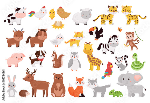 Fototapeta Naklejka Na Ścianę i Meble -  Cartoon animals and birds collection. Cute jungle, forest and farm animals set isolated on white background. Vector illustration for children education.
