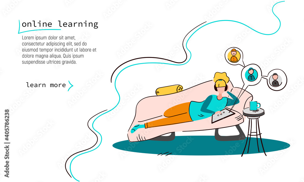 Online learning, flat doodle style. The woman sits at home and works or studies over the Internet. Distance learning concept. Vector linear illustration Online learning, flat doodle style. The woman sits at home and works or studies over the Internet. Distance learning concept. Vector linear illustration