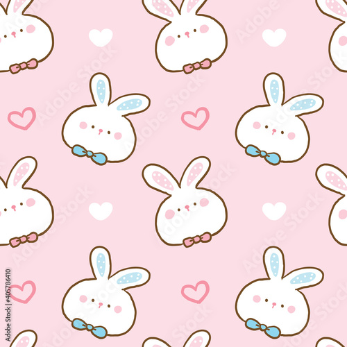 Seamless Pattern with Cartoon Rabbit Face and Heart Design on Pink Background