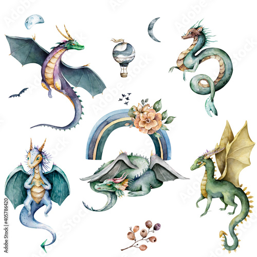 Set of fairytale Dragons. Hand drawn watercolor cute mythology cartoon isolated illustration on white background