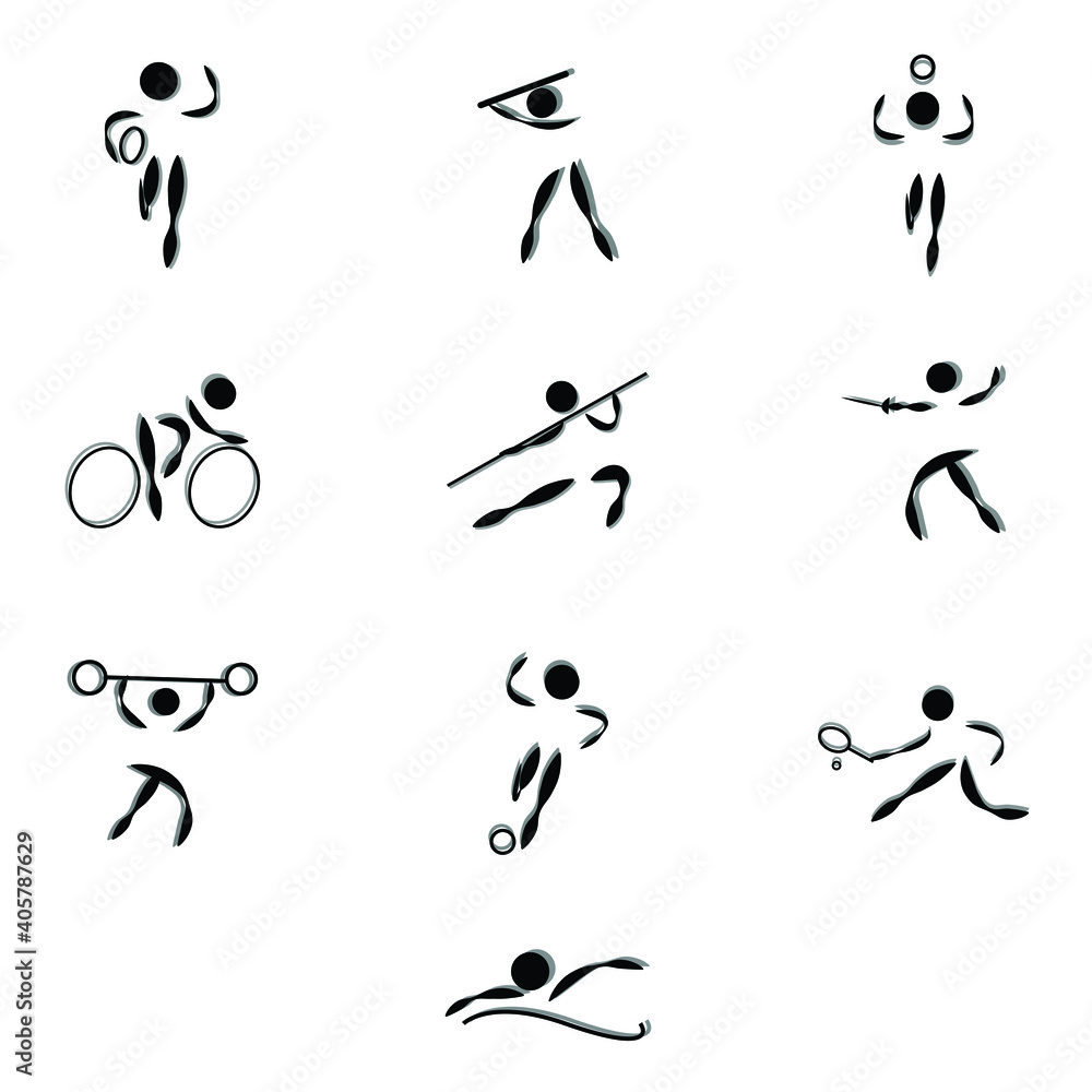 silhouette, illustration, sport, people, black, white, isolated, alphabet, art, symbol, vector, design, icon, text, letter, set, sign, music, font, fitness, abstract, graphic, collection