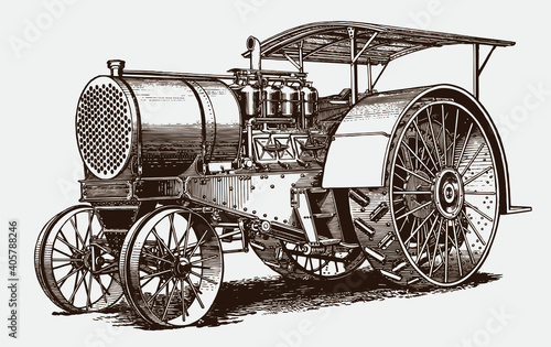 Huge antique tractor in three-quarter front view, after engraving from early 20c.