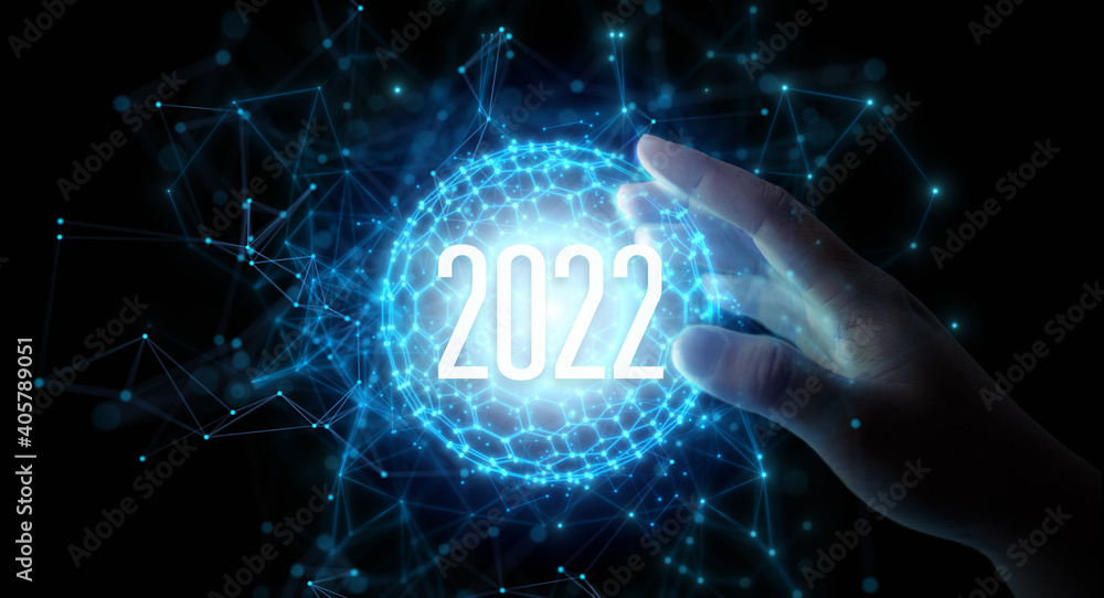 2022 Technology. Blue black ground. Concept for Technology vision in year 2022. Hand touching circle global network with connection network with copy space. 2022 Technology. Blue black ground. Concept for Technology vision in year 2022. Hand touching circle global network with connection network with copy space.