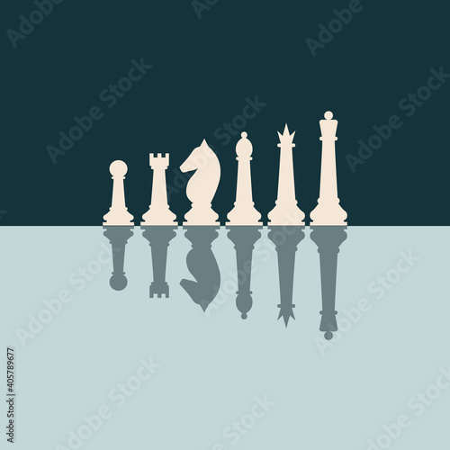 Chess pieces king queen bishop knight rook pawn flat vector icons set. Chess figures black and white.vector pieces illustration. Reflection of chess in the mirror