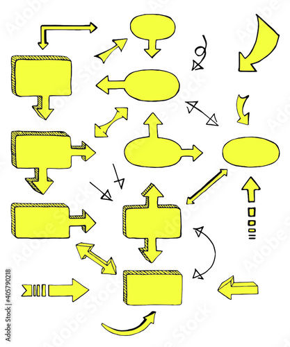 Set of hand-drawn arrows and block schemes with yellow filling, vector illustration