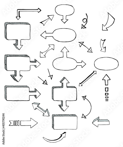 Set of black and white hand-drawn arrows and block schemes, vector illustration