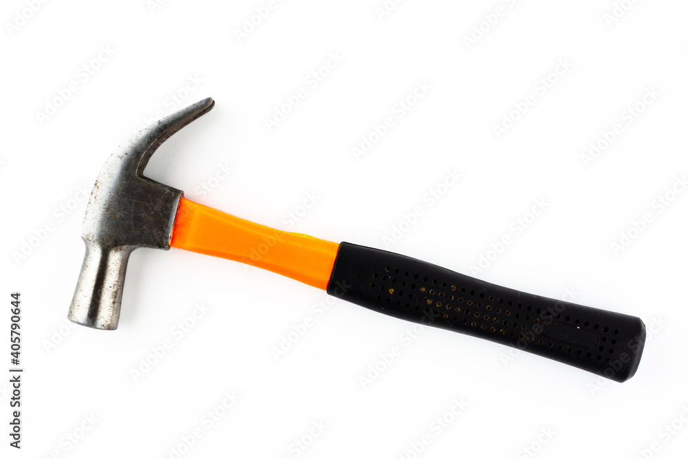 A hammer with a rubberized handle. A hammer and a nail, two in one. Hammer with a nail gun. Close-up. Isolated on white background. A hammer with a rubberized handle. A hammer and a nail, two in one. Hammer with a nail gun. Close-up. Isolated on white background.