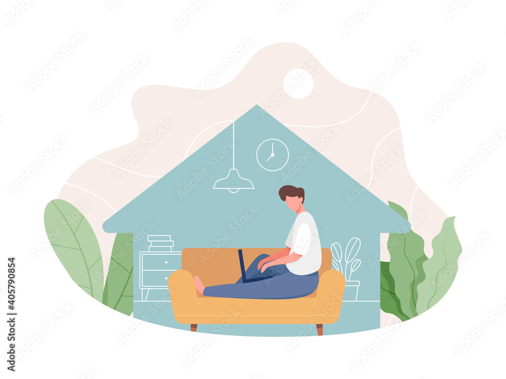 Vector illustration Work from home concept. Young man working from home during coronavirus pandemic. Freelance working concept, People work remotely from home. Vector illustration in a flat style