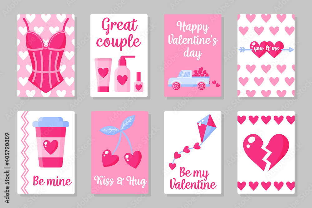 Set of pink, white and blue colored cards for Valentine's Day or wedding. Vector flat design isolated on gray background Set of pink, white and blue colored cards for Valentine's Day or wedding. Vector flat design isolated on gray background