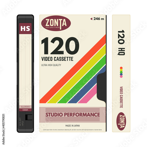 Retro style VHS video cassettes front view with label and cover, cover side view. Empty labels with lines for text. Magnetic cassette label fantasy 90s cover design. Vector illustration with opacity.