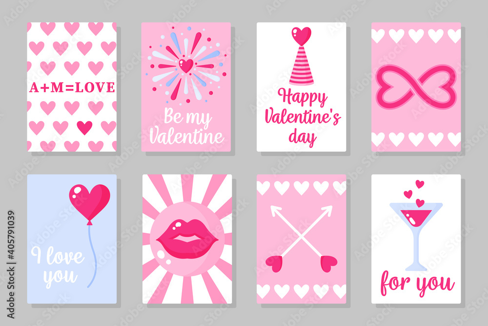 Set of pink, white and blue colored cards for Valentine's Day or wedding. Vector flat design isolated on gray background Set of pink, white and blue colored cards for Valentine's Day or wedding. Vector flat design isolated on gray background